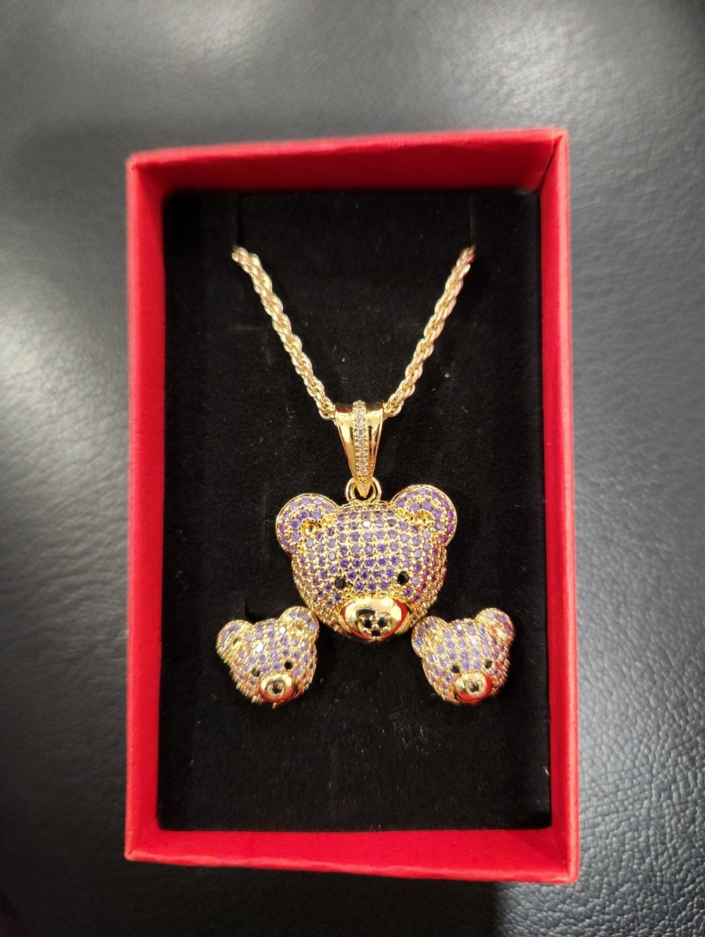 Gold-Tone Teddy Bear Necklace and Stud Earrings with Purple Crystals